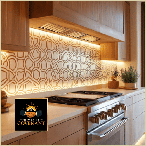 Modern kitchen stove area with designer backsplash and warm wood cabinetry.