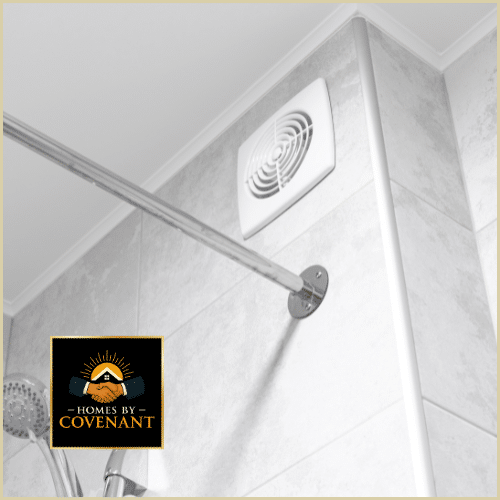 Bathroom shower with upgraded vent fan and moisture-control improvements.