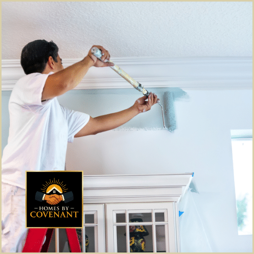 Professional interior painting on a ceiling using a roller for a clean finish.