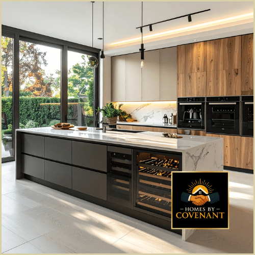 Contemporary kitchen with wood cabinetry, black accents, and modern fixtures.