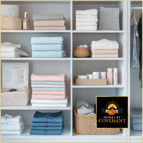 Custom organized storage closet with shelves, linens, and woven baskets.