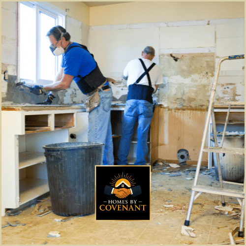 Kitchen demolition and tear-out during a full renovation project.