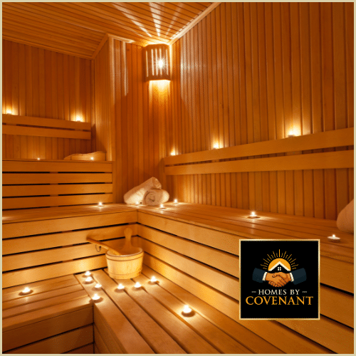 Luxurious cedar sauna interior with ambient lighting and multi-level seating.