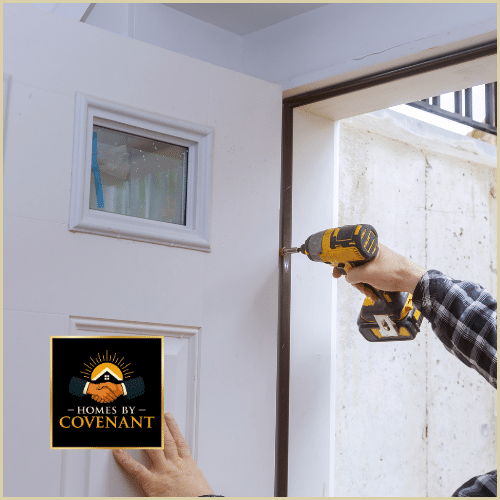 Technician repairing an exterior door frame with a power drill to restore alignment and structural stability.