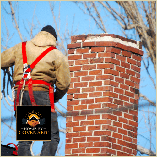 Technician inspecting a damaged brick chimney for loose mortar, weather wear, and structural issues.