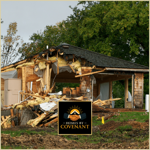 Severe storm damage to a residential structure showing collapsed walls, exposed framing, and major exterior destruction.