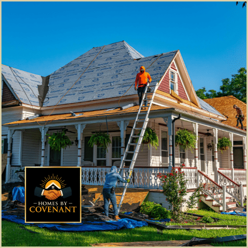 Roofers installing new roofing underlayment on a large residential home during an exterior roof repair project.