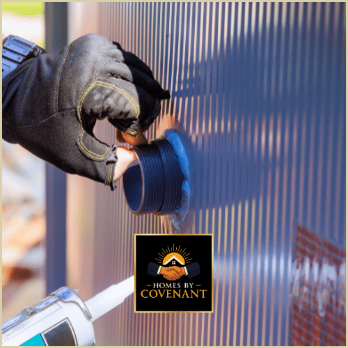 Technician applying exterior-grade sealant to a corrugated panel to prevent leaks and weather intrusion.
