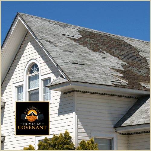 Severely deteriorated roof shingles showing curling, cracking, and advanced weather damage.