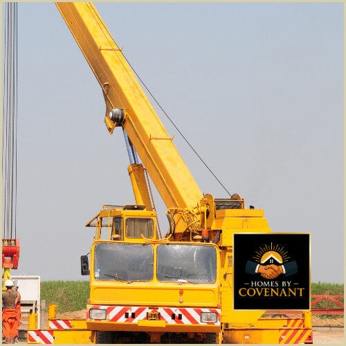Crane lifting modular home components during placement on the foundation.