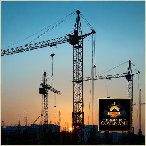 Two cranes positioned for modular home lifting during crane day setup.