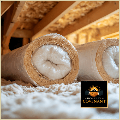 Attic insulation with rolled fiberglass batts installed for energy efficiency.