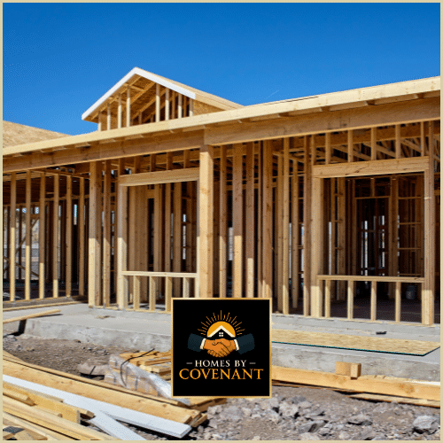 Residential home under construction with exposed framing and structural framework.