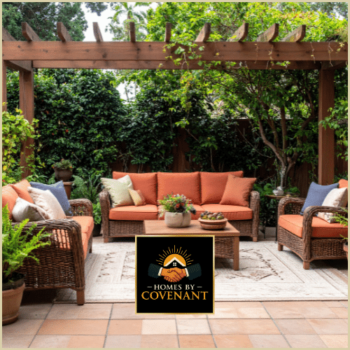 Outdoor patio with pergola, seating set, and landscaped garden area.