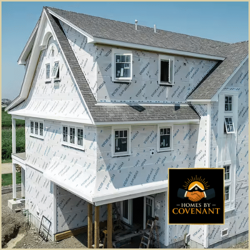 Home exterior prepared with plywood sheathing and protective house wrap before new siding installation.