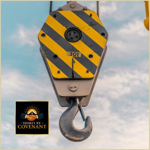 Close-up of a crane hook used for modular home rigging and lifting operations.