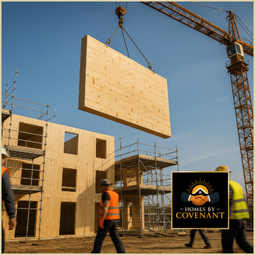 Construction crew placing an exterior wall panel by crane during modular home installation by Homes by Covenant.