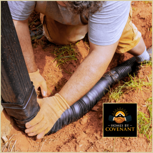 Technician installing an underground drainage extension for a downspout system.