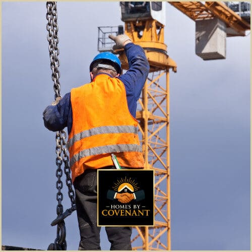 Construction worker using safety harness while coordinating crane operations.