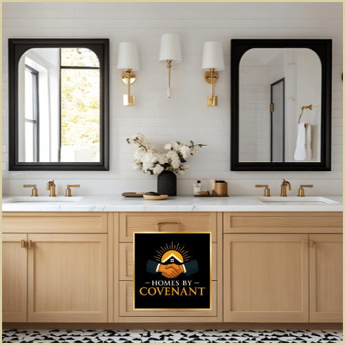 Modern bathroom with a double-sink vanity, warm lighting, and elegant stone countertops.