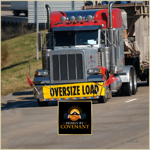 “Modular home section transported by oversize-load truck on its way to the build site.”