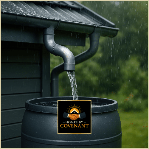 Rainwater flowing from a gutter downspout into a rain barrel during a storm.