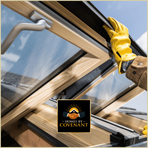 New construction window being fitted into a framed wall of a home.