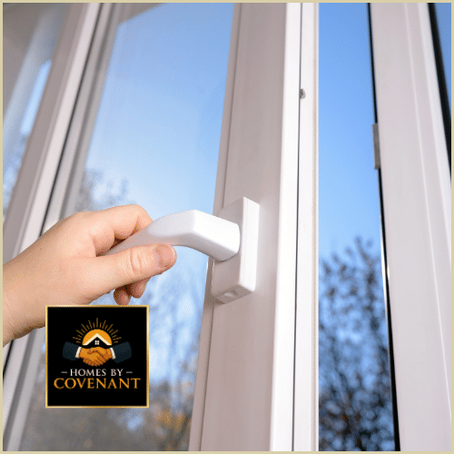 White vinyl replacement windows installed in a bright, modern living room.
