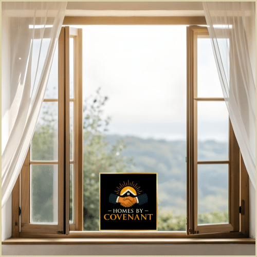 Warm wood-framed windows in a cozy interior with natural light.