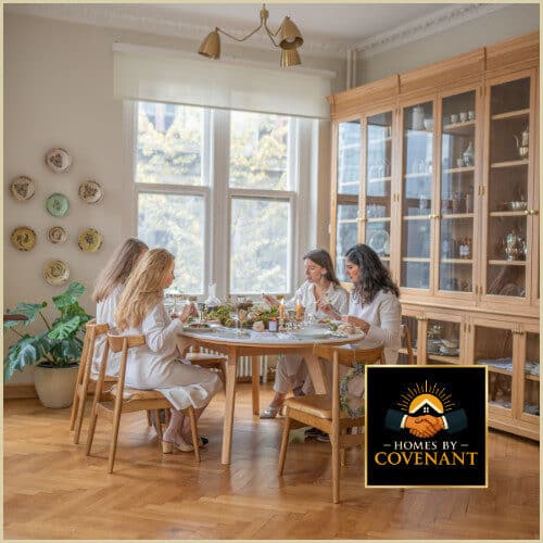 Family eating together in a bright multipurpose dining space with large windows and warm decor.