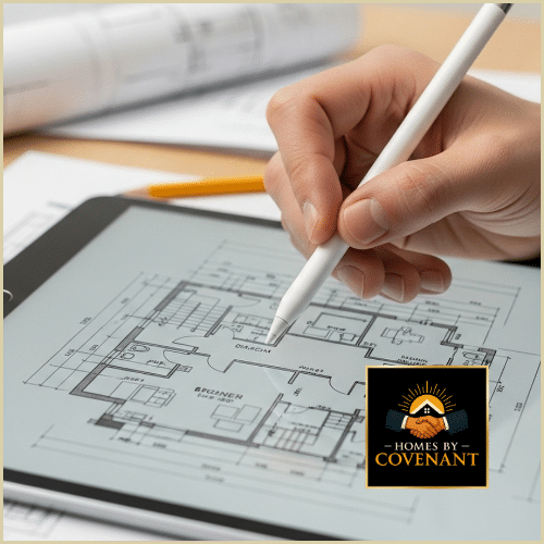 Designer reviewing kitchen renovation blueprints and layout plans.