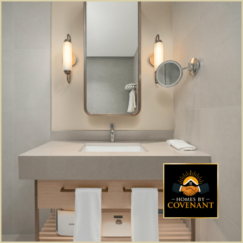 Bathroom vanity remodel with gold lighting, bright mirrors, and upgraded cabinet storage.