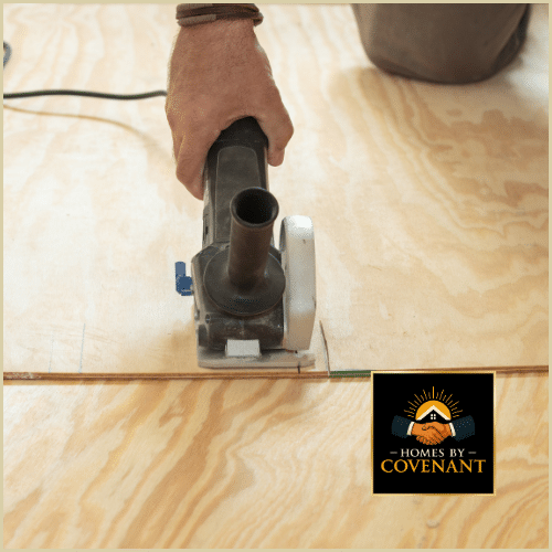 Subfloor repair with professional cutting and preparation for new flooring.