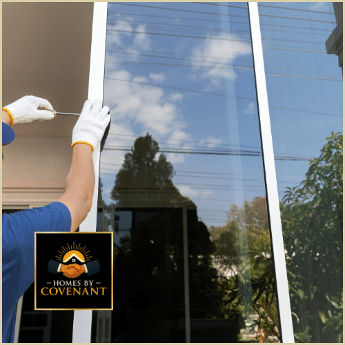 Technician resealing a window frame to fix drafts and improve performance.