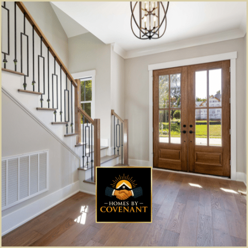 Stylish front entry door installed in a modern entryway.