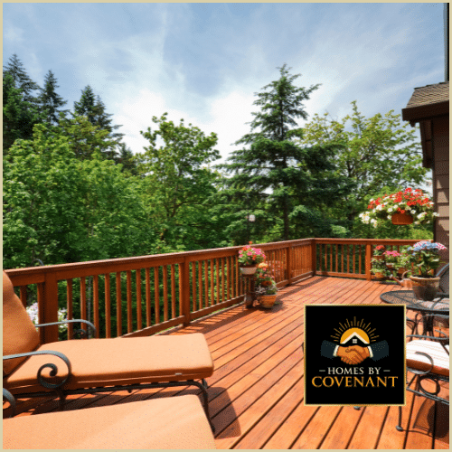 Freshly stained wooden deck with warm, weather-protected finish.