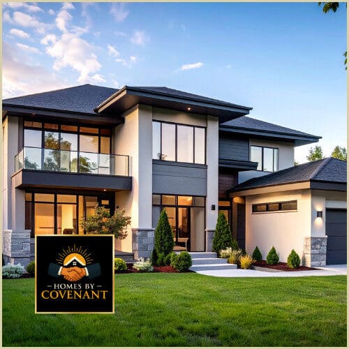 Modern modular home exterior with clean lines, large windows, and upgraded siding finishes.