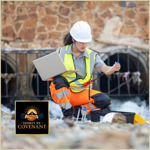 Worker installing drainage system to manage stormwater around a building site.
