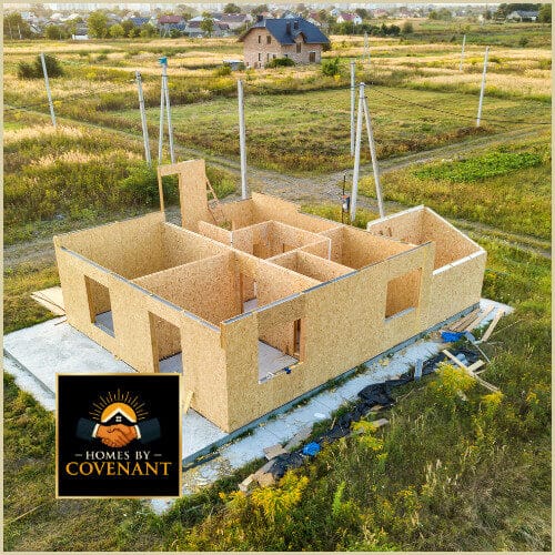 Aerial view of modular home sections staged for crane lifting and placement.