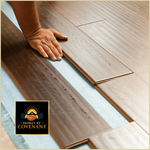 Luxury vinyl plank kitchen flooring being installed with precision.