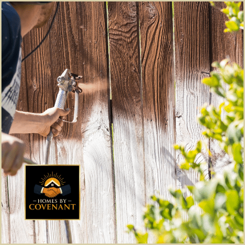 Painter staining a wooden fence for improved protection and color.