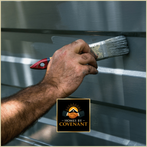 Technician repainting a garage door with weather-resistant coating.