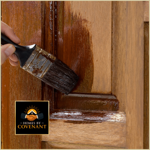 Worker applying rich stain to natural wood siding on a house exterior.