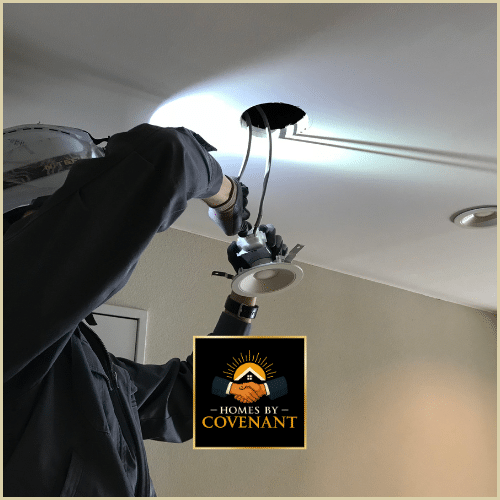Electrician installing recessed kitchen lighting for a renovation.