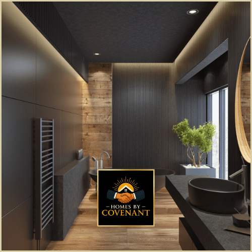 Luxury dark-toned bathroom with stone textures, modern fixtures, and moody spa lighting.