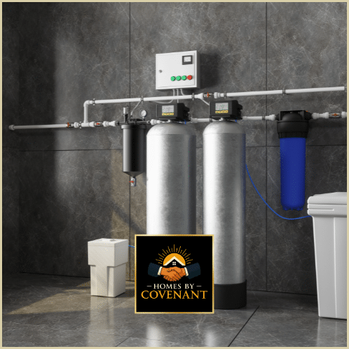 Whole-house water filtration system installed in a basement utility area.