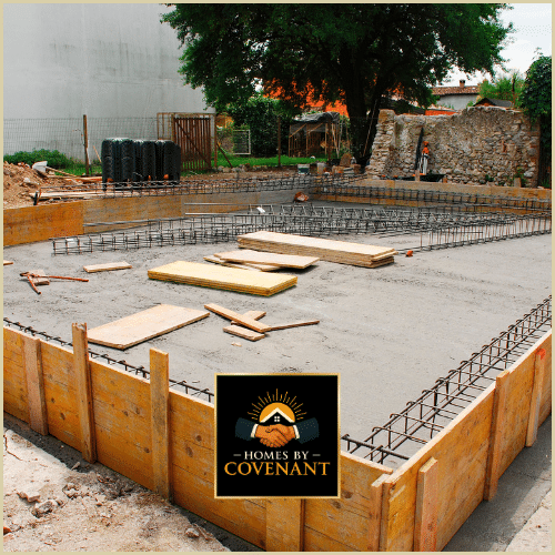 Foundation being built for a modular home with reinforced concrete forms.