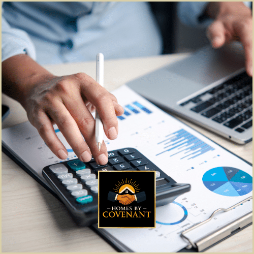 “Homebuyer reviewing modular home budget and cost breakdown with calculator and charts.”