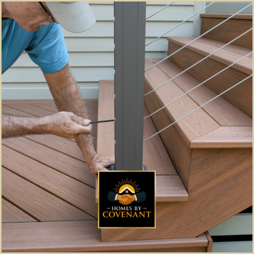 Contractor installing railing components on deck stairs.