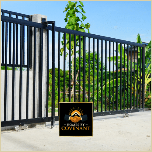 Black metal driveway gate installed at residential property entrance.